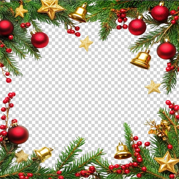 Le cadre de la frontière de Noël festive est constitué de branches de pin vertes avec des ornements sur un fond transparent