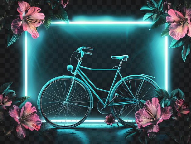 PSD le cadre en néon clair avec des vélos et des fleurs arou outline collage art transparent