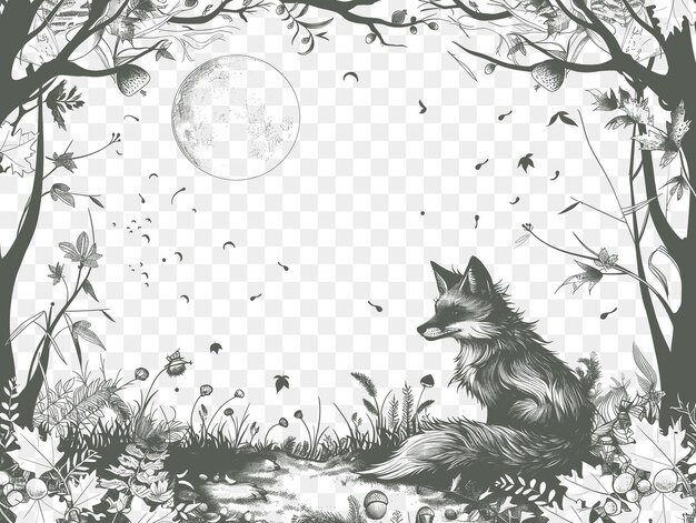 PSD cadre d'un paysage forestier d'automne enchanteur avec une pleine lune et un tatouage de contour de coupe cnc.