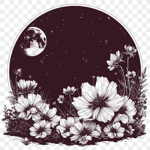 PSD cadre de paysage de jardin luxuriant avec une pleine lune et un automne en fleurs f cnc découpé contour tatouage