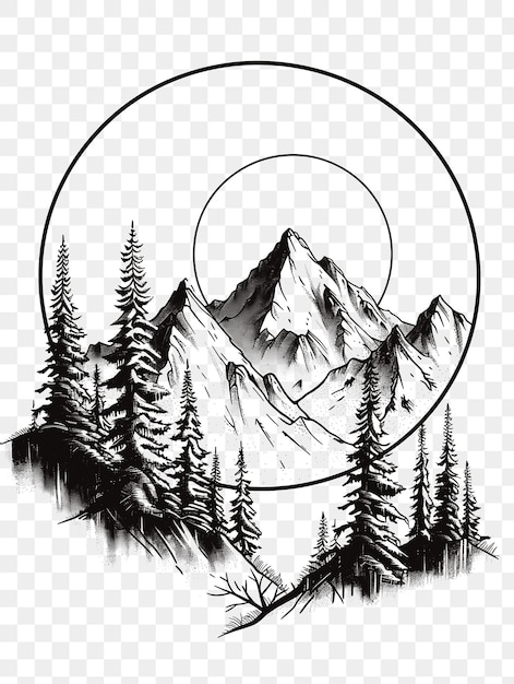 PSD cadre de paysage de montagne enneigé avec des pins minimaliste bl cnc découpé contour tatouage