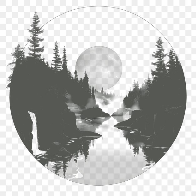 PSD cadre de paysage montagneux brumeux avec une lune d'automne enfermé dans un tatouage de contour découpé par cnc