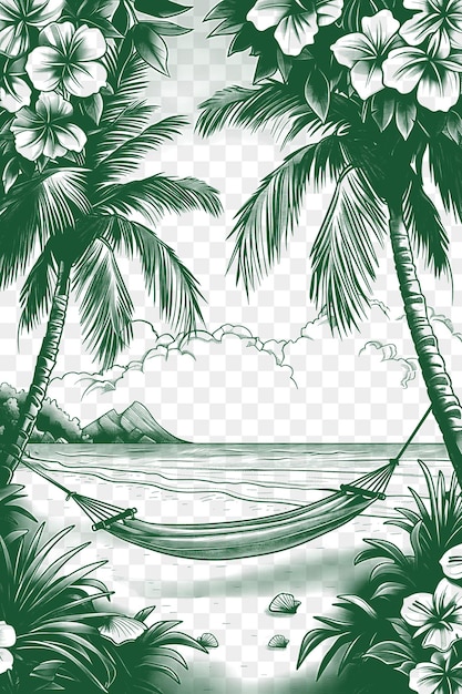 Cadre de paysage de plage tropicale avec des palmiers et un hameau de bambou tatouage de contour découpé par CNC