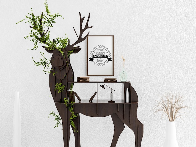 Cadre de peinture d'affiche dans le salon blanc et maquette de table de cerf en bois PSD