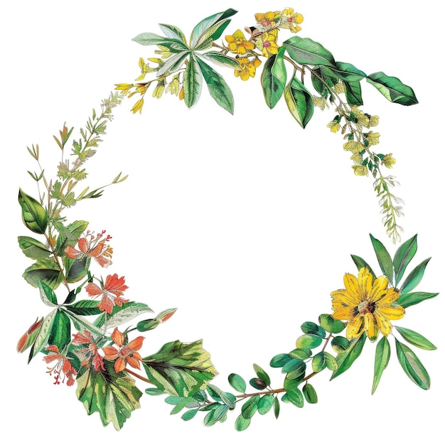 Cadre rond décoré de fleurs aux couleurs vives et de feuilles vertes Cadre AIG56