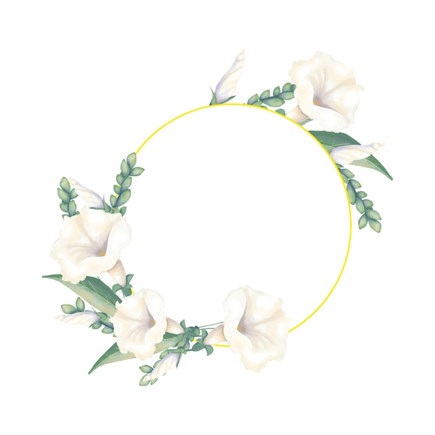 Cadre rond avec des fleurs blanches et du feuillage vert, des tiges et des oreilles Illustration numérique à l'aquarelle
