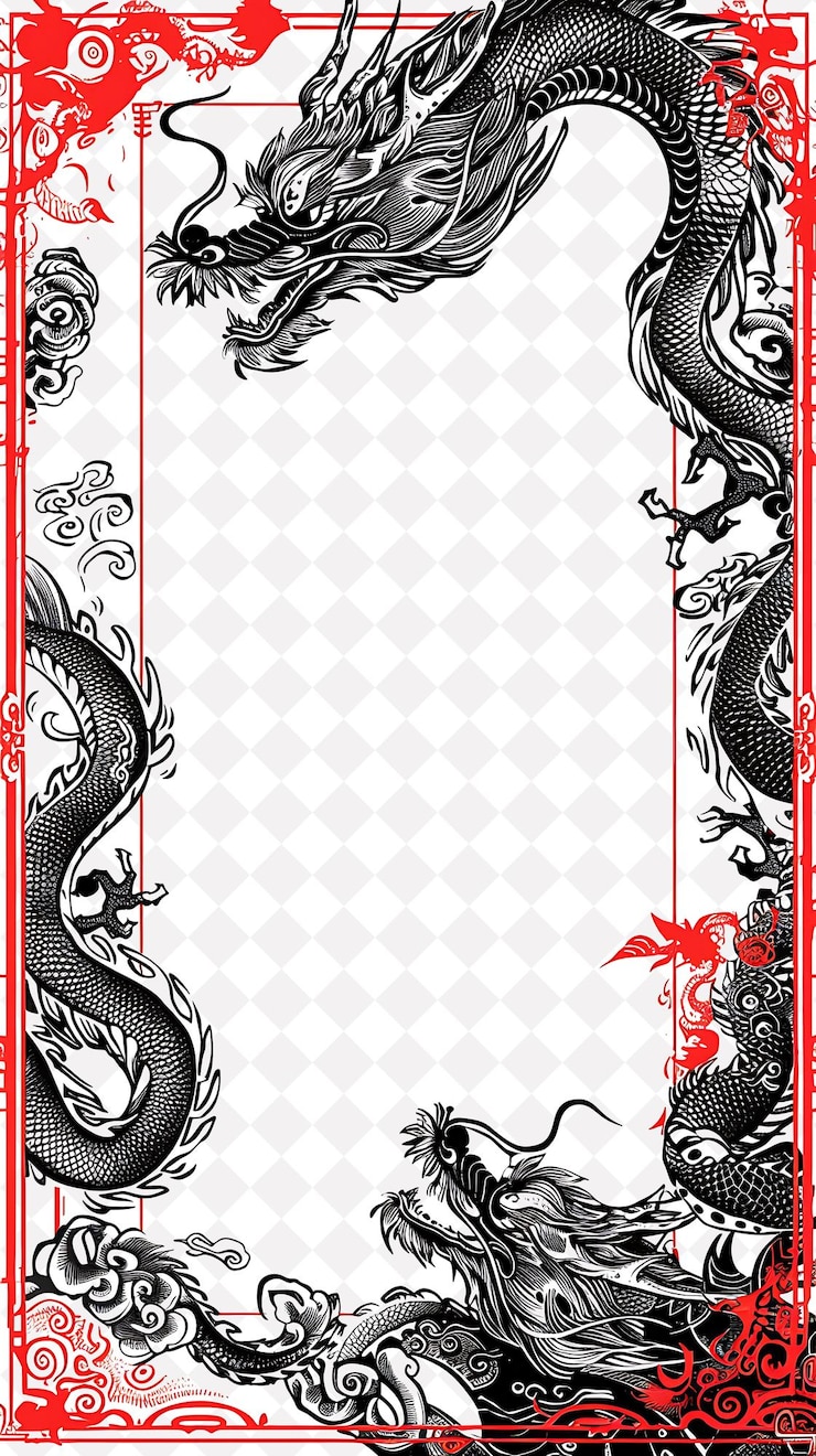 PSD cadre de style chinois orné de soie rouge et de motifs de dragon png design d'arrière-plan créatif