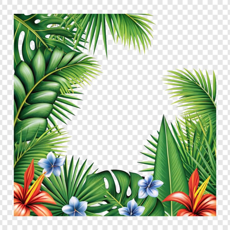 PSD un cadre tropical vibrant avec des feuilles et des fleurs luxuriantes