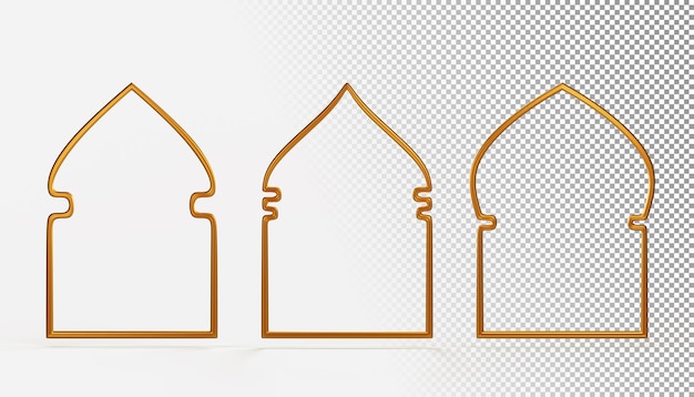 PSD cadres d'or arabes de différentes formes icon 3d de rendu set de fenêtres arabes arches pour l'architecture musulmane et islamique elements graphiques décoratifs dorés isolés sur fond blanc illustration 3d