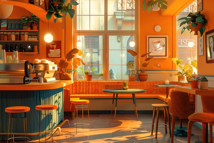 PSD un café acogedor y acogedor con tonos cálidos de naranja grandes ventanas y un interior soleado