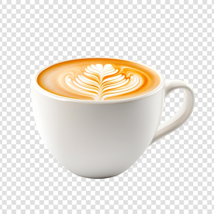 Café arte latte aromático en una taza blanca cremosa sobre un fondo transparente