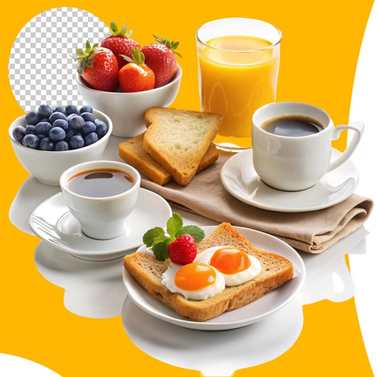 PSD café da manhã colorido, incluindo ovos, frutas e bebidas em fundo branco