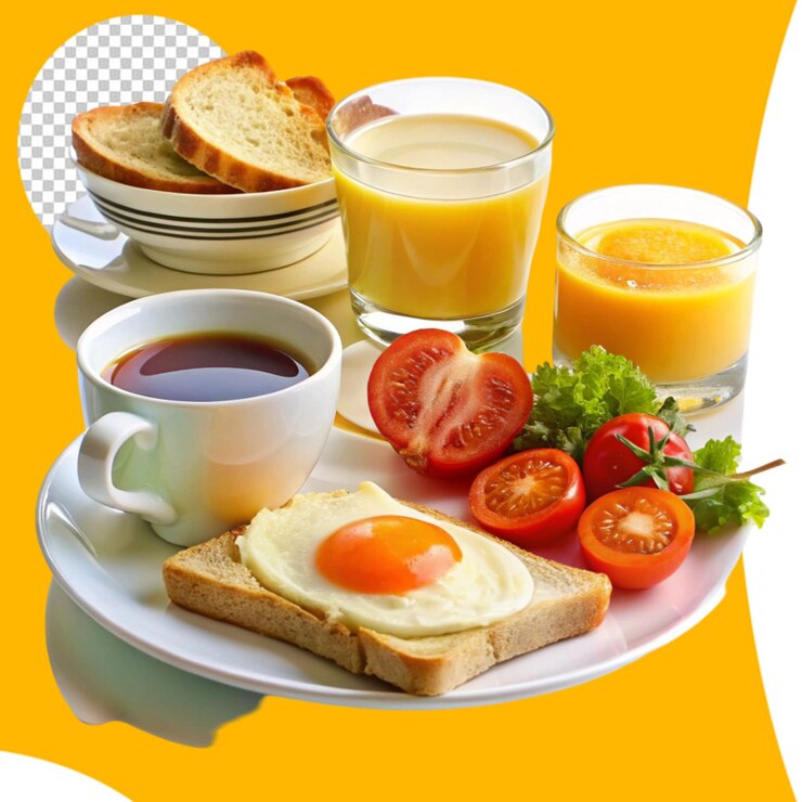 PSD café da manhã colorido, incluindo ovos, frutas e bebidas em fundo branco