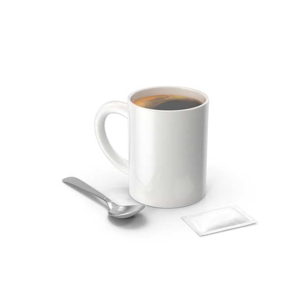Café dans une tasse blanche avec cuillère et paquet de sucre