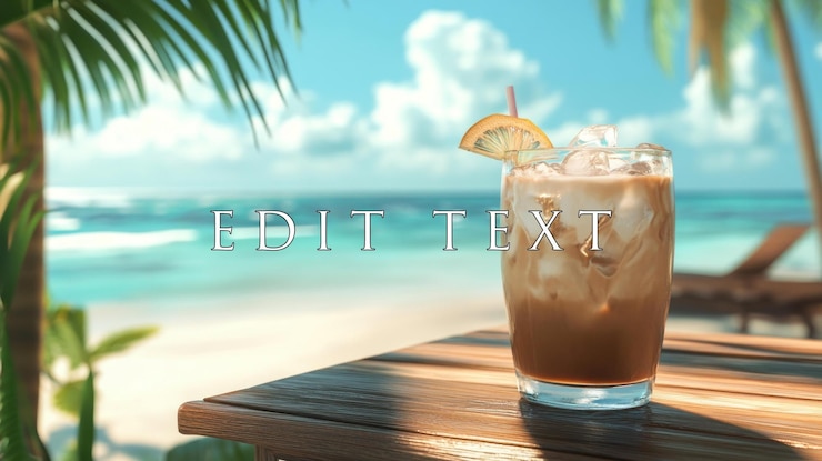PSD café gelado numa praia tropical