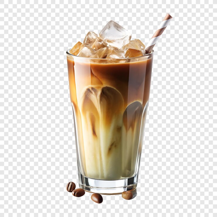 PSD café helado con remolino de leche y cubos de hielo sobre un fondo transparente