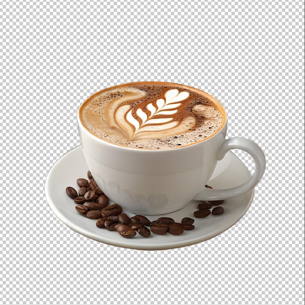Café latte con arte de espuma en una taza blanca presentado con granos de café en un platillo