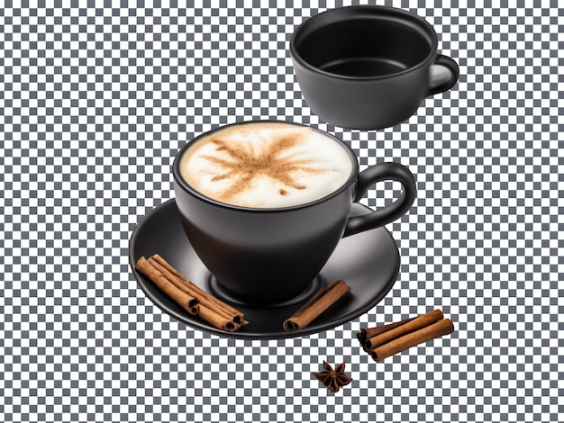 Un café con leche de vainilla en una taza negra aislada sobre un fondo transparente