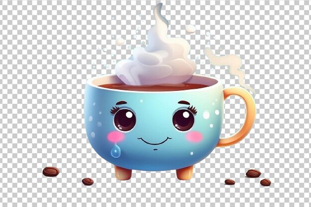 PSD café quente e xícara de chá estilo kawaii engraçado