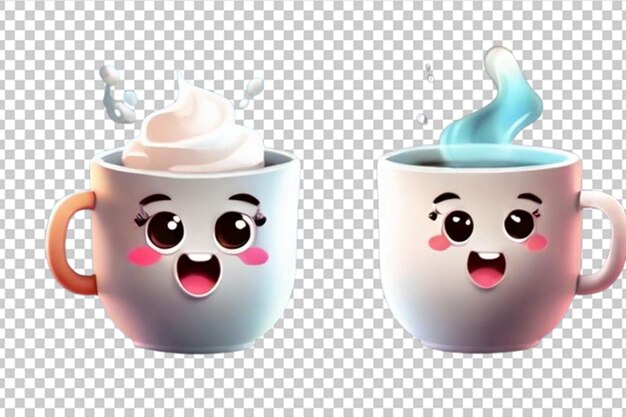 PSD café quente e xícara de chá estilo kawaii engraçado