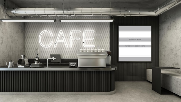 PSD cafe shop restaurant design minimalista 3d render