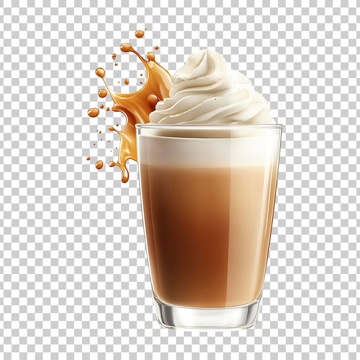 PSD caffè freddo con topping frustato e pioggia di caramello su uno sfondo trasparente