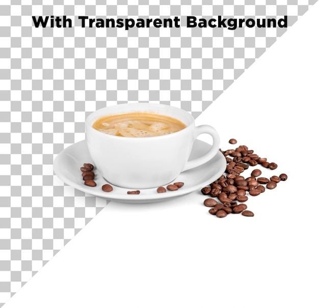 Caffè in una tazza con chicchi di caffè PNG PSG Isolato su uno sfondo trasparente