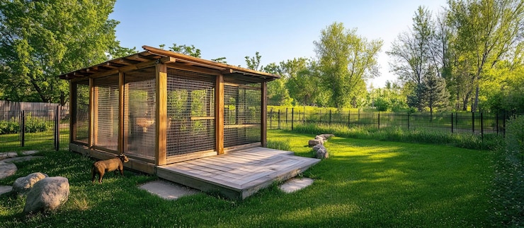 PSD une cage en bois avec un pont dans une cour verte