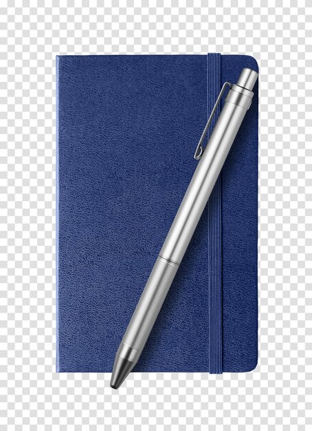 Cahier fermé bleu marine et stylo isolé sur blanc