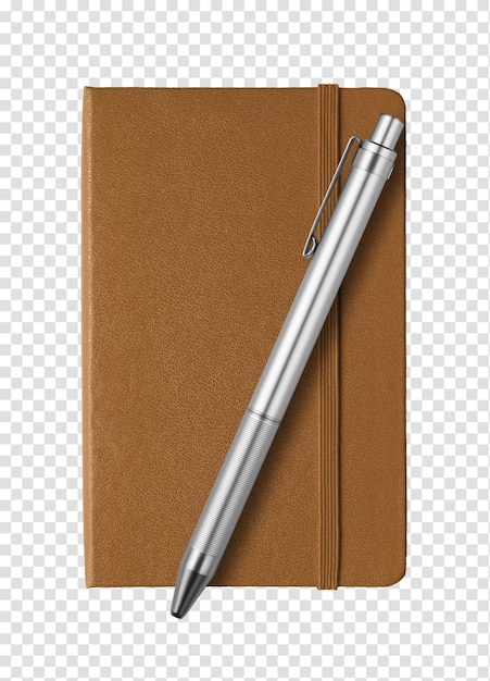 Cahier fermé en cuir et stylo isolé sur blanc