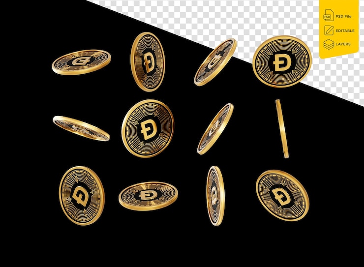 PSD caida la criptomoneda dorada y negra dogecoin d monedas redondeadas en fondo negro ilustración en 3d