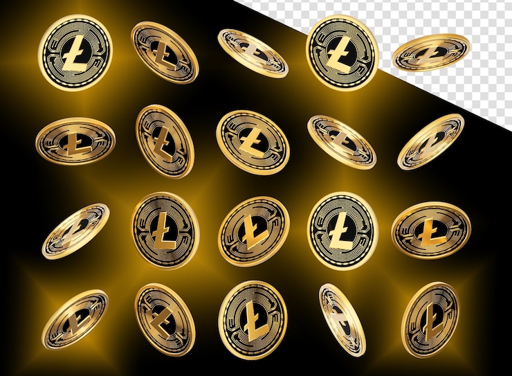 PSD caida la criptomoneda dorada y negra litecoin monedas redondeadas en fondo negro ilustración en 3d
