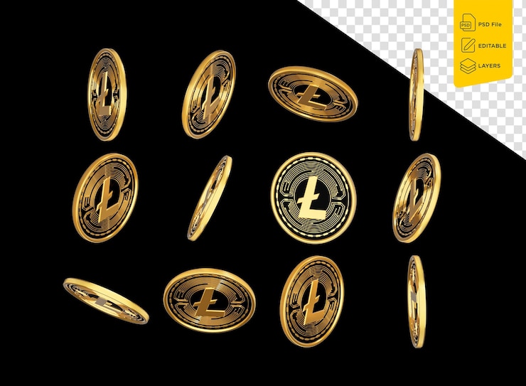 PSD caida la criptomoneda dorada y negra litecoin monedas redondeadas en fondo negro ilustración en 3d