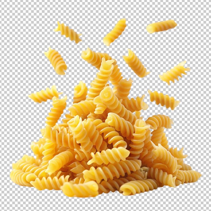 PSD caída de fusilli rotini crudo en un fondo transparente