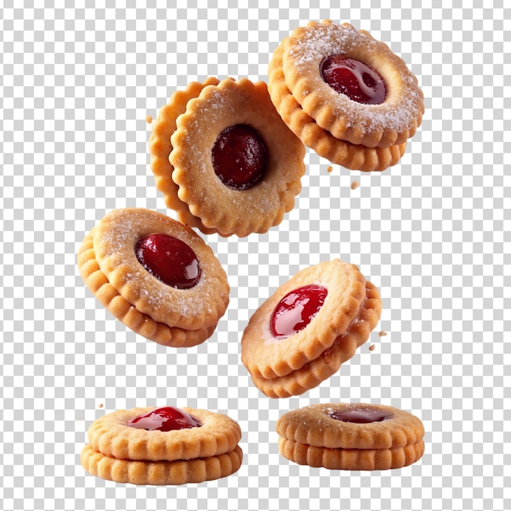 PSD una caída de galletas con jalea en un fondo transparente