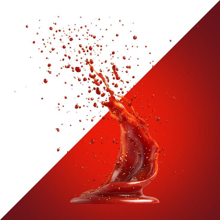 PSD caída mancha de ketchup condimento sucio comida aislada en fondo transparente