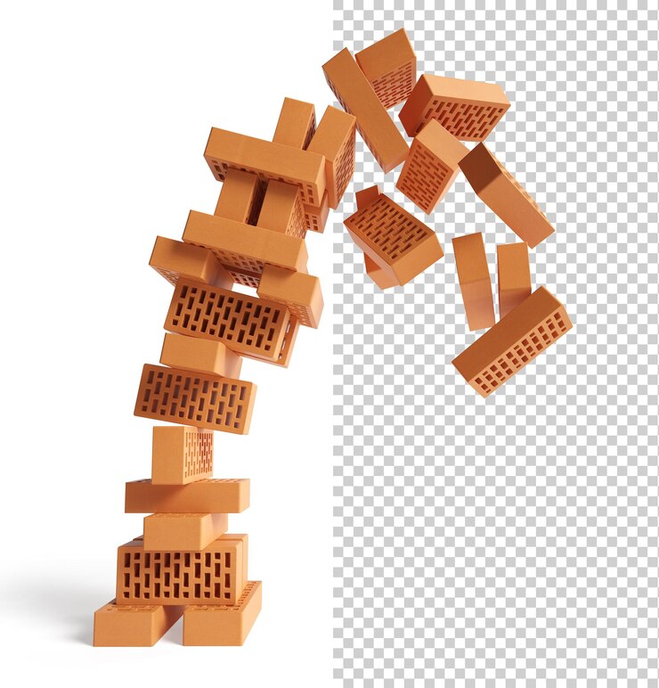 La caída de la torre de ladrillos aislado concepto de negocio abstracto representación 3d