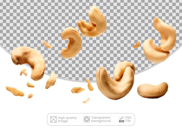 PSD caindo nozes de caju em um fundo transparente