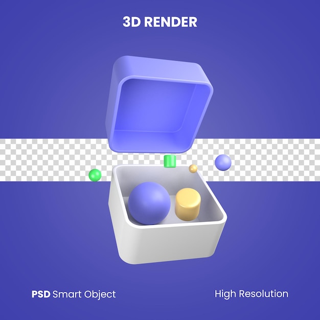 Caixa 3d com renderização de objetos abstratos isolada