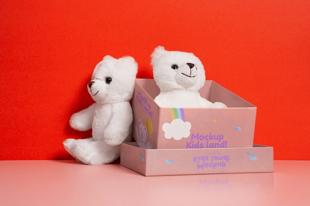 Caixa de brinquedos colorida para crianças com ursinho de pelúcia