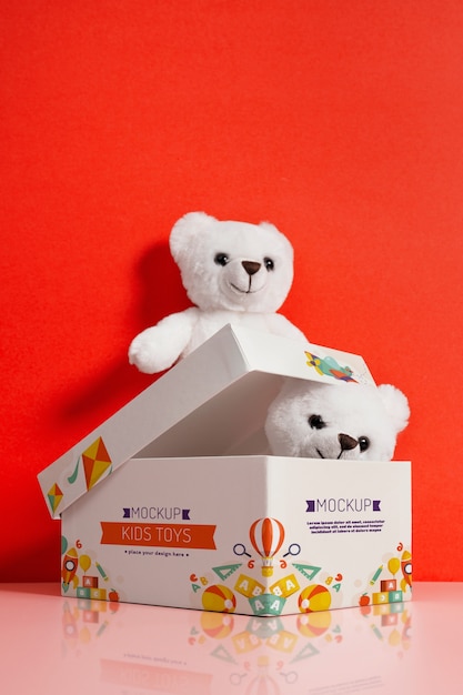 Caixa de brinquedos colorida para crianças com ursinho de pelúcia