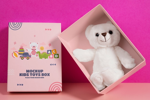 Caixa de brinquedos colorida para crianças com ursinho de pelúcia