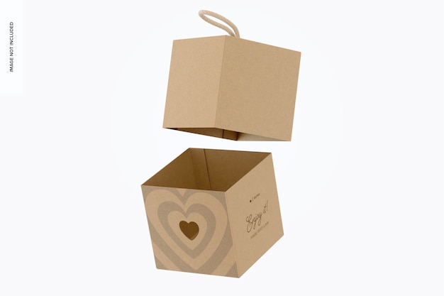 Caixa de cubo kraft com maquete de coração, flutuante