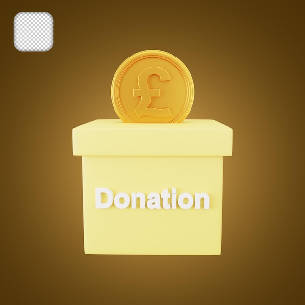 Caixa de doação com ilustração 3d de moeda de libra caindo