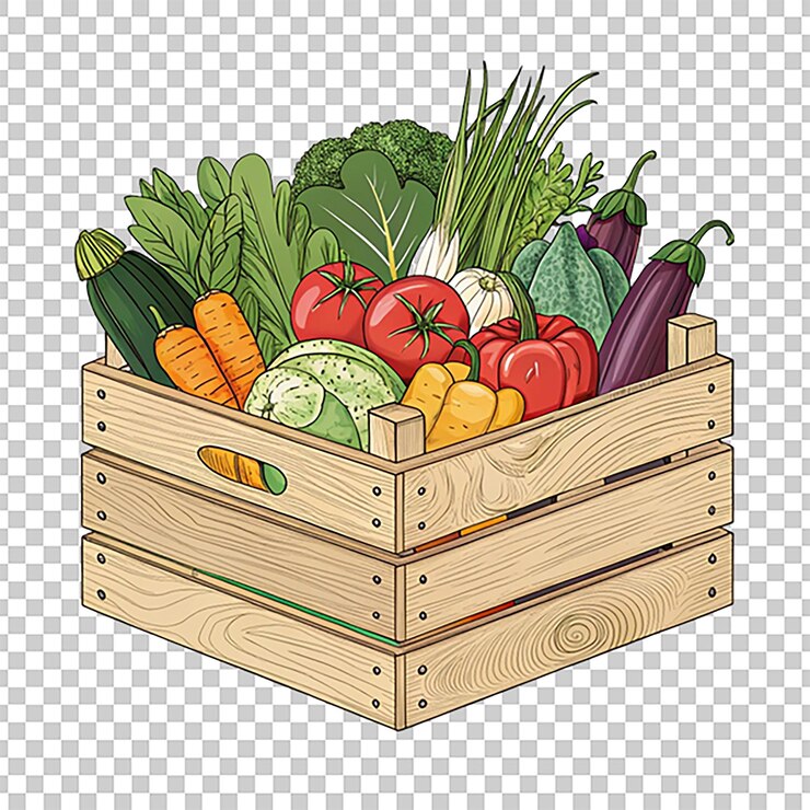 Caixa de madeira com ilustração vetorial de legumes frescos e saudáveis