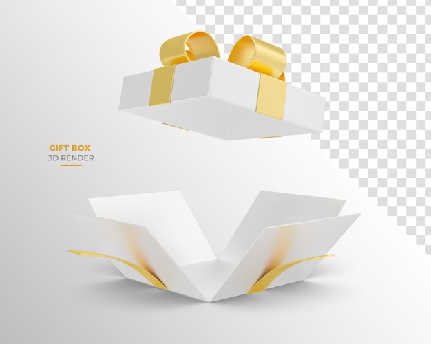 Caixa de presente branca com ouro em renderização 3d aberta com fundo transparente em diferentes perspectivas