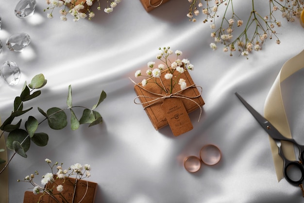 Caixa de presente de casamento embrulhada em papel com flores de respiração do bebê