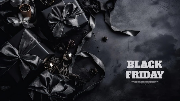 Caixa de presente de fundo do dia de sexta-feira negra com ornamento de fita preta