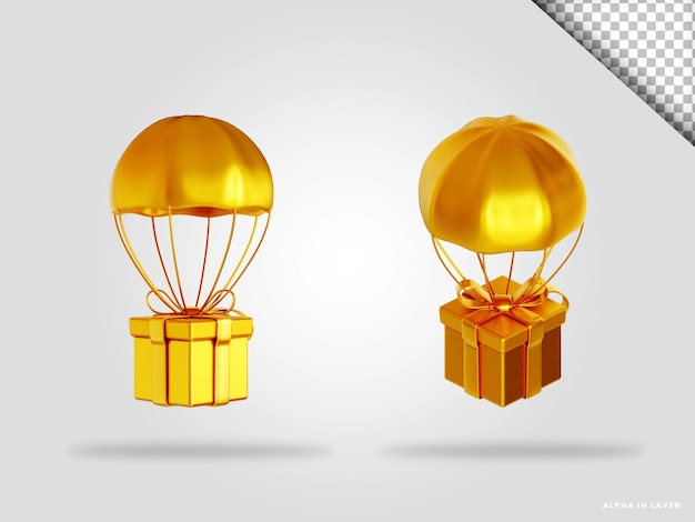 Caixa de presente dourada com ilustração de renderização 3d de pára-quedas isolada