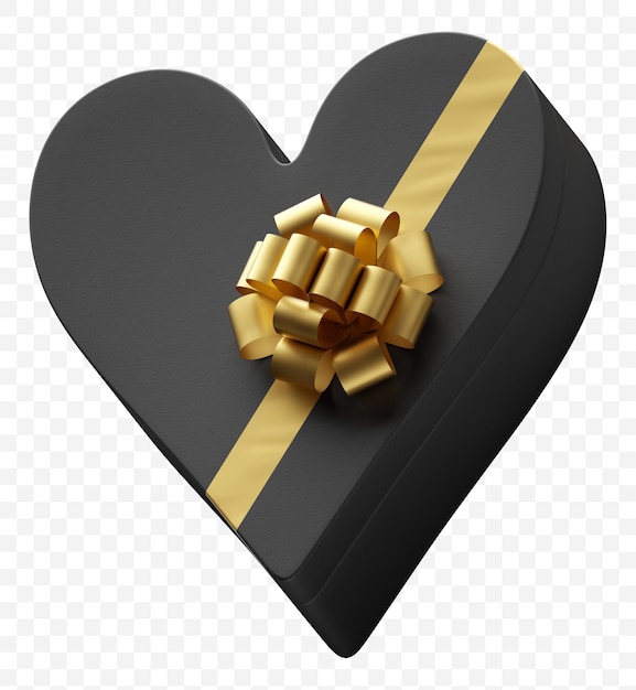 Caixa de presente em formato de coração embrulhada em papel preto escuro com laço dourado luxuoso isolado
